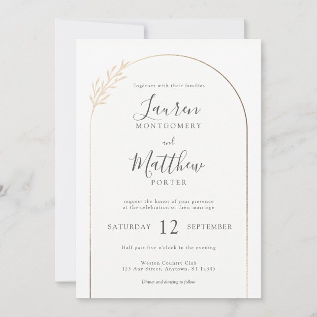Modern Gold Arch Border with Floral Detail Wedding Invitation (Front)