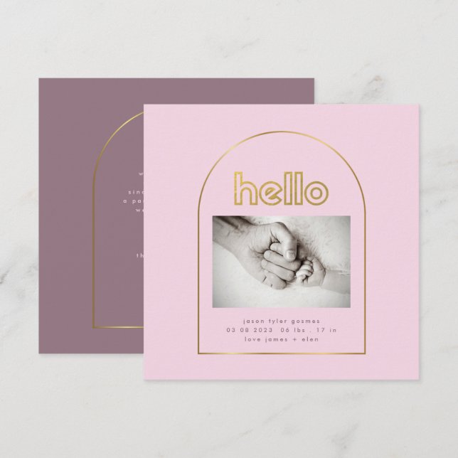 modern gold arch foil hello baby girl birth announcement (Front/Back)