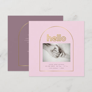 modern gold arch foil hello baby girl birth announcement