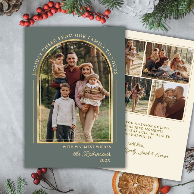 Modern Gold Arch Photo Green Christmas Happy Holiday Card (Creator Uploaded)