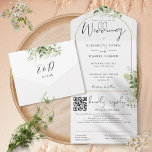Modern Gold Arch QR Code Greenery Wedding All In One Invitation<br><div class="desc">All in one wedding invitation featuring botanical greenery rustic leaves falling across a gold arch enclosing elegant typography. The invitation includes a perforated RSVP card with your wedding website QR code and details. Designed by Thisisnotme©</div>