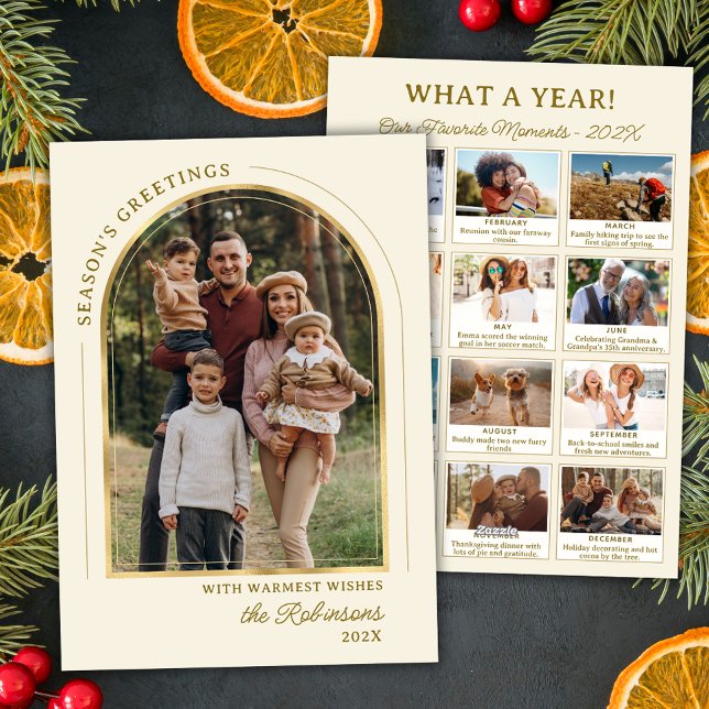 Modern Gold Arch Year in Review 13 Photo Collage Holiday Card (Creator Uploaded)