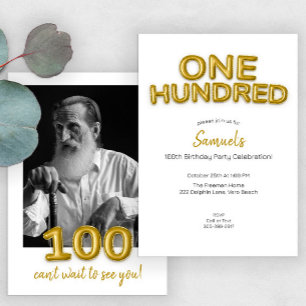 Modern Gold Balloon 100th Birthday Party Photo Invitation
