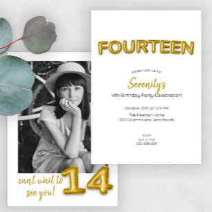 Modern Gold Balloon 14th Birthday Party Photo  Invitation