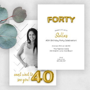Modern Gold Balloon 40th Birthday Party Photo  Invitation