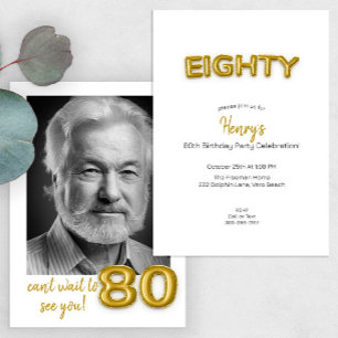 Modern Gold Balloon 80th Birthday Party Photo Invitation