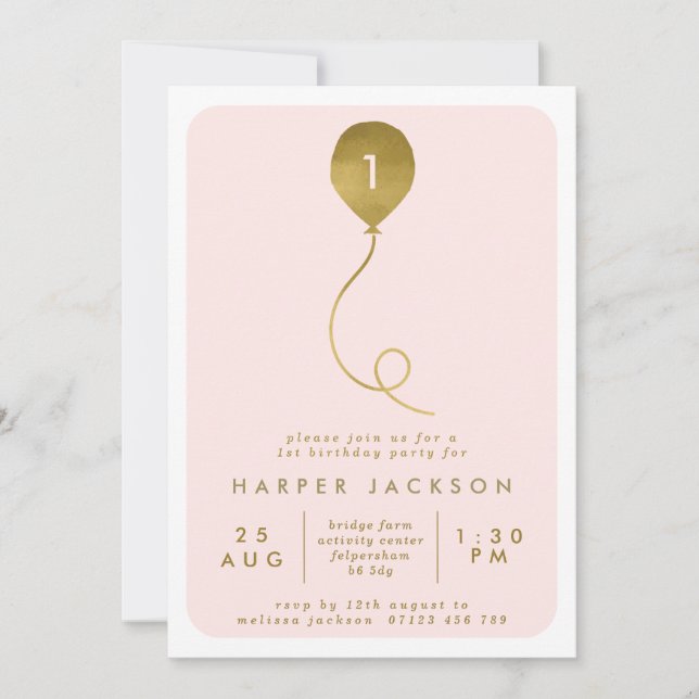 Modern Gold Balloon & Blush 1st/Any Age Birthday (Front)