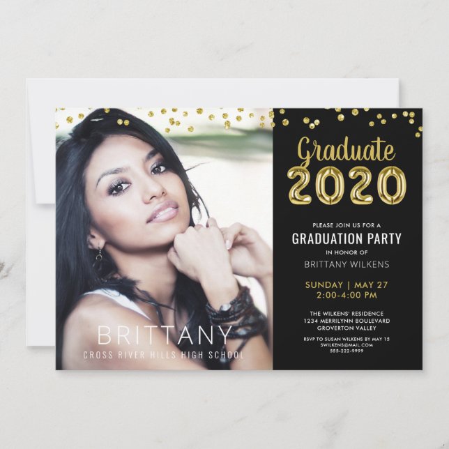 Modern Gold Balloon Number 2020 Black Graduation Invitation (Front)