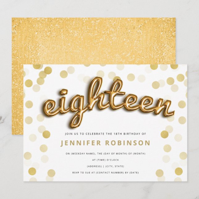 Modern Gold Balloons Glitter 18th Birthday Invitation (Front/Back)