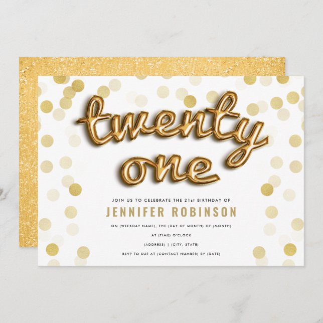 Modern Gold Balloons Glitter 21st Birthday Invitation (Front/Back)