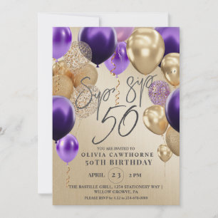 Modern Gold Balloons Purple 50th Birthday Party Invitation