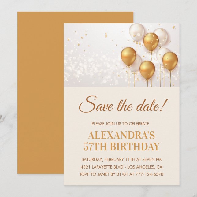 Modern Gold Balloons Save the date 57th birthday Invitation (Front/Back)