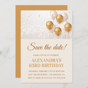 Modern Gold Balloons Save the date 63rd birthday Invitation