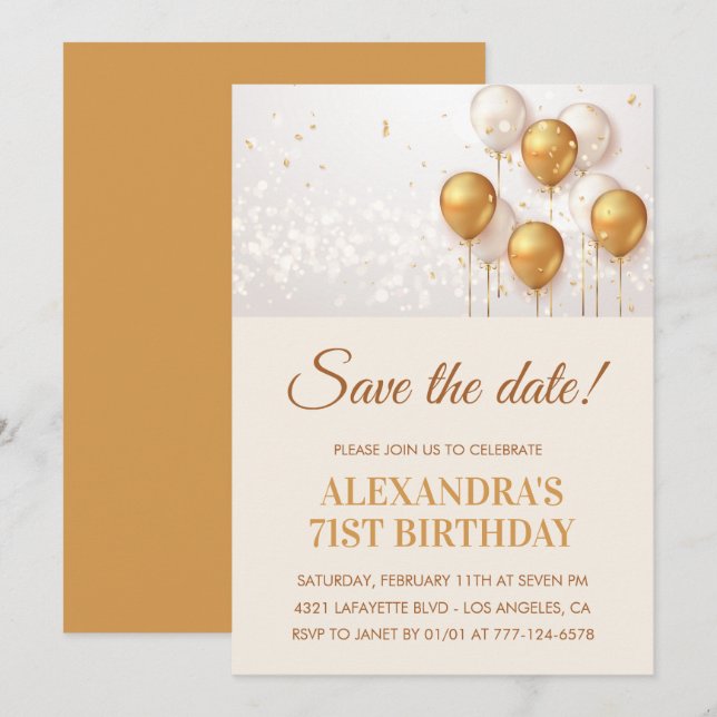 Modern Gold Balloons Save the date 71st birthday Invitation (Front/Back)
