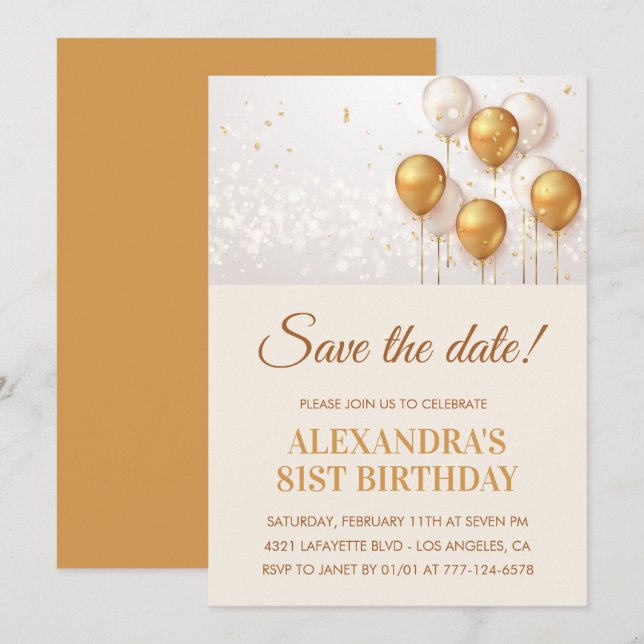 Modern Gold Balloons Save the date 81st birthday Invitation (Front/Back)