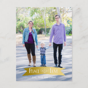 Modern Gold Banner Peace and Joy Photo Holiday Postcard