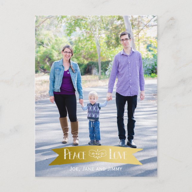 Modern Gold Banner Peace and Joy Photo Holiday Postcard (Front)