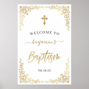 Modern Gold Baptism Botanical Welcome Poster
