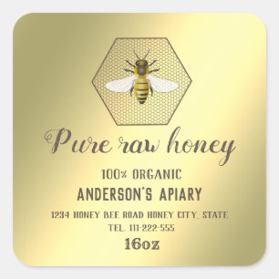 Modern gold bee honey comb honey jar square sticker