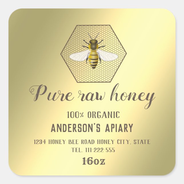 Modern gold bee  honey comb honey jar square sticker (Front)