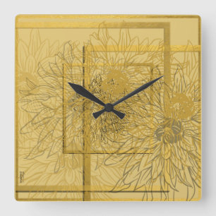 Modern Gold Beige Abstract Floral Square Wall Clock