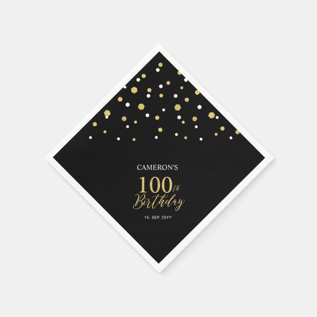 Modern Gold & Black 100th Birthday Party Napkins (Corner)