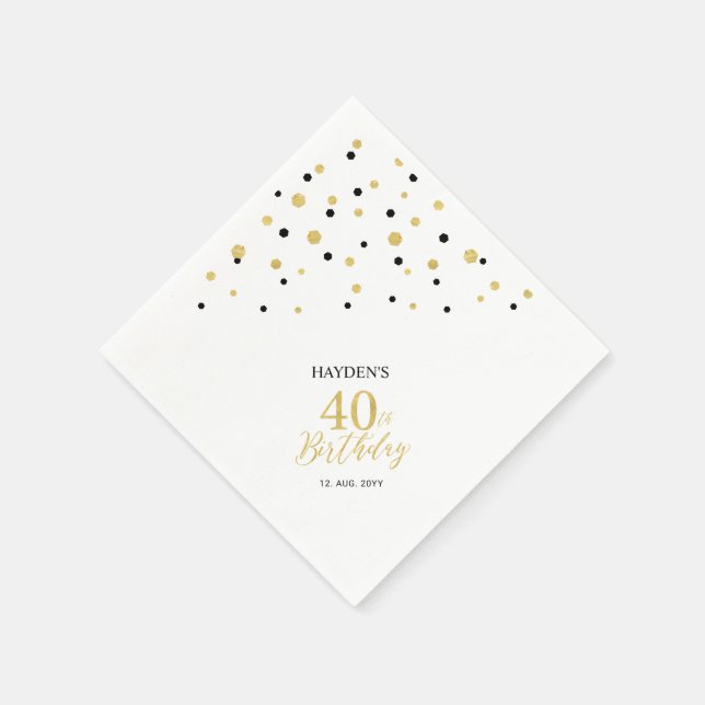 Modern Gold & Black 40th Birthday Party Napkins (Corner)