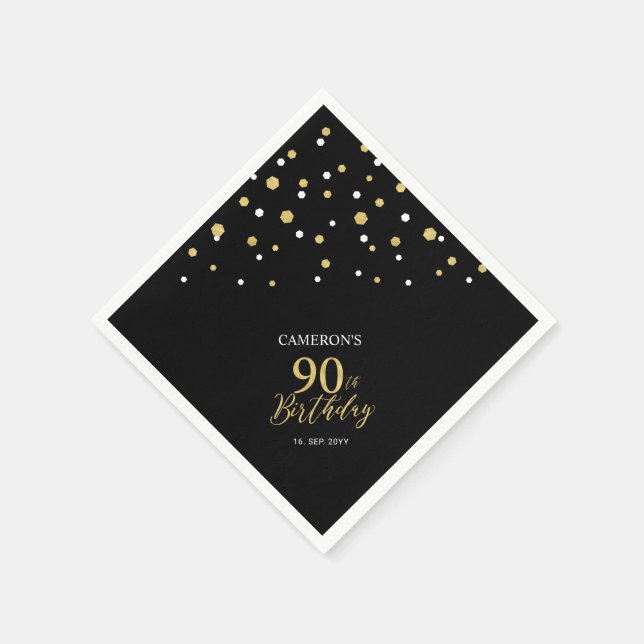 Modern Gold & Black 90th Birthday Party Napkins (Corner)