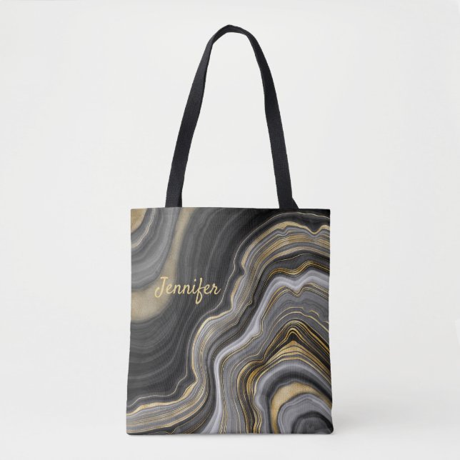 Modern Gold Black Agate Crystal Personalise Name Tote Bag (Front)