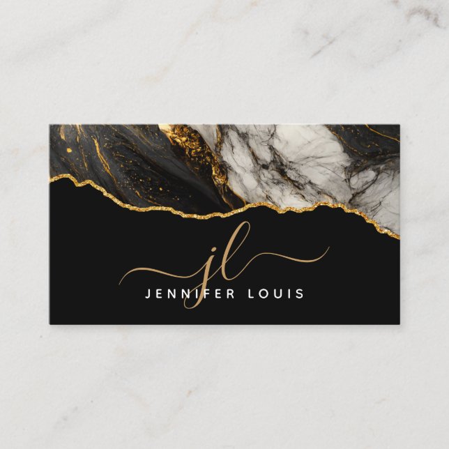 Modern Gold Black Agate Marble QR Code Business Card (Front)
