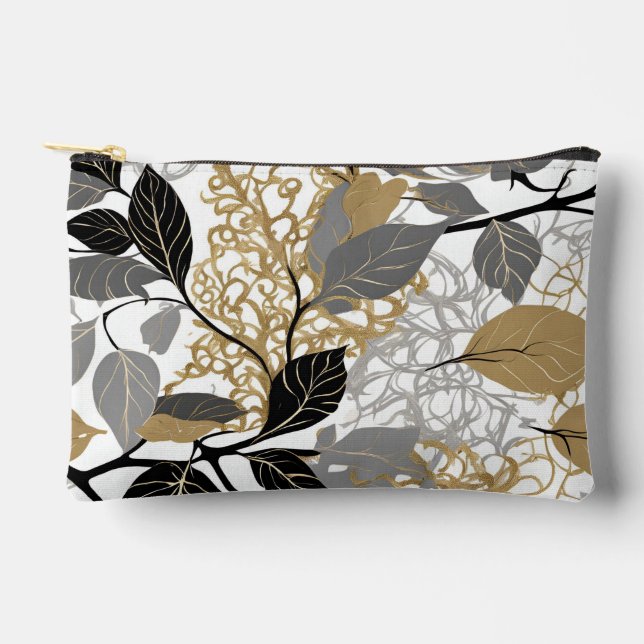 Modern Gold, Black and Grey Leaf Vine Design Accessory Pouch (Front)