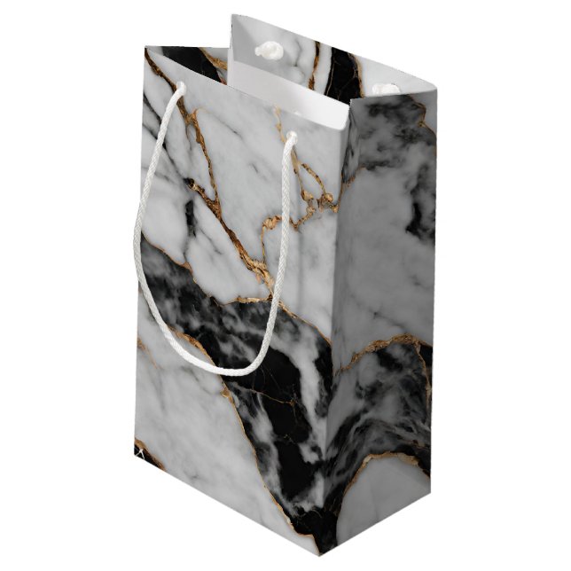 Modern Gold Black and White Marble Small Gift Bag (Back Angled)