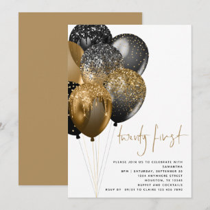 Modern Gold Black Balloons 21st Party Invitation