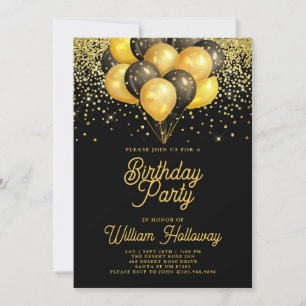 Modern Gold Black Balloons Birthday Party Invitation
