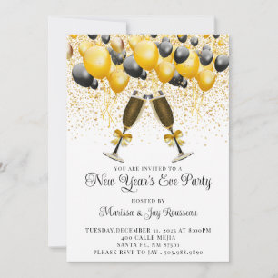 Modern Gold Black Balloons New Year's Eve Party Invitation