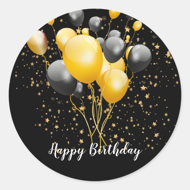 Modern Gold Black Balloons Star Confetti Birthday Classic Round Sticker (Front)