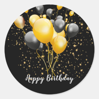 Modern Gold Black Balloons Star Confetti Birthday Classic Round Sticker