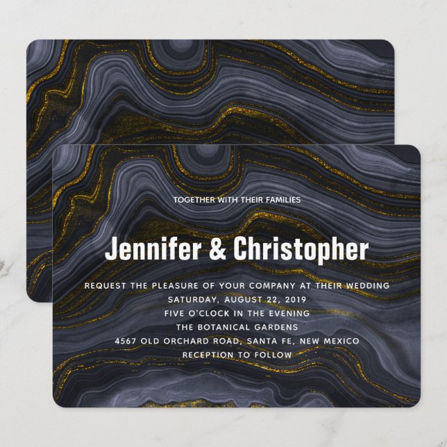 Modern Gold Black Blue-Grey Agate Abstract Wedding Invitation (Front/Back)