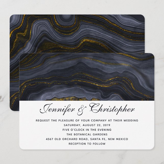Modern Gold Black Blue-Grey Agate Abstract Wedding Invitation (Front/Back)