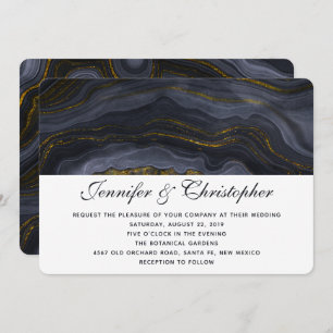 Modern Gold Black Blue-Grey Agate Abstract Wedding Invitation