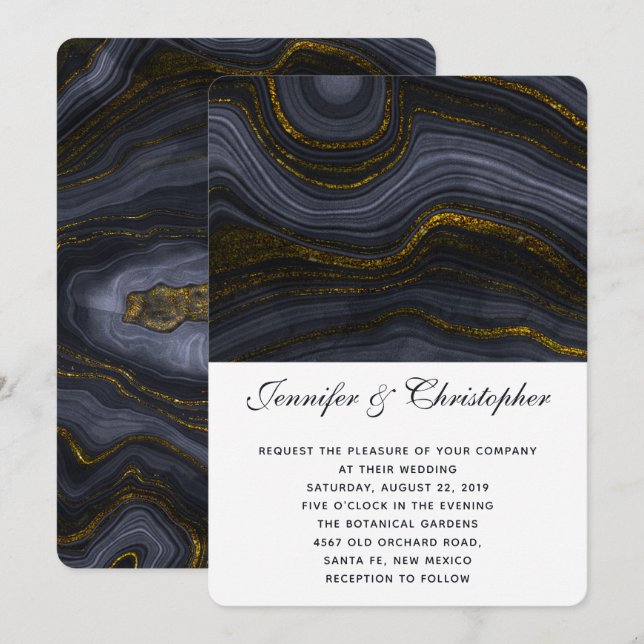 Modern Gold Black Blue-Grey Agate Abstract Wedding Invitation (Front/Back)
