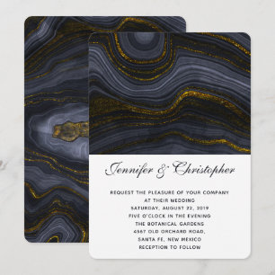Modern Gold Black Blue-Grey Agate Abstract Wedding Invitation