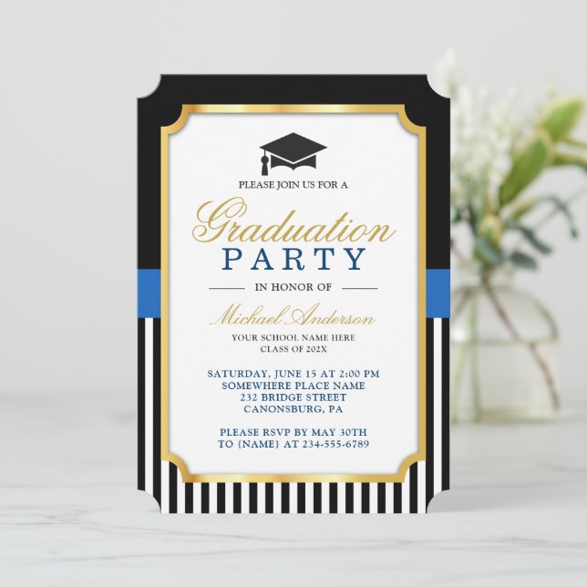 Modern Gold Black Blue Stripes Graduation Party  Invitation (Standing Front)