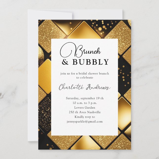 Modern Gold Black Brunch & Bubbly Bridal Shower Invitation (Front)