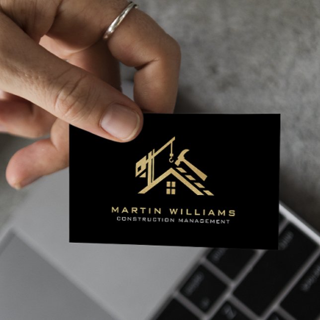 Modern Gold & Black Building Construction Service Business Card (Creator Uploaded)