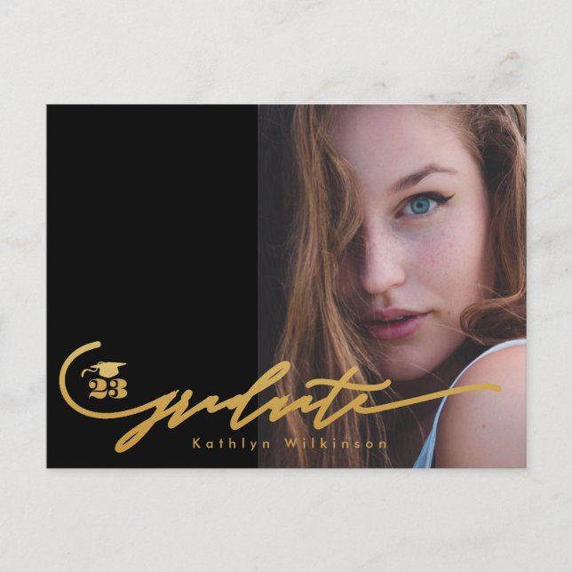 Modern Gold Black Calligraphy Chic Photo GRAD Announcement Postcard (Front)
