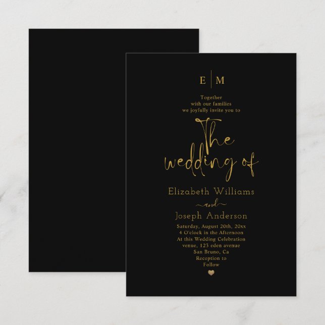  Modern Gold & Black Calligraphy Monogram wedding Invitation (Front/Back)