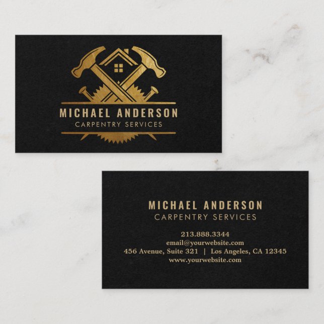 Modern Gold & Black Carpentry Service and Handyman Business Card (Front/Back)