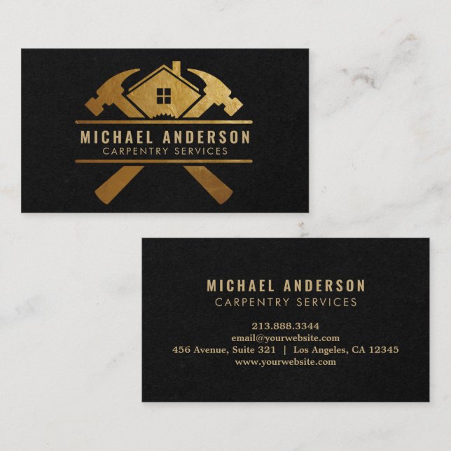 Modern Gold & Black Carpentry Service and Handyman Business Card (Front/Back)