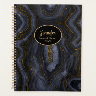 Modern Gold & Black Crystal Agate Personalise Planner